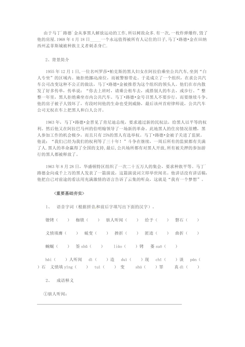 精品高中语文 第一单元 我有一个梦想 我有一个梦想第一课时学案 苏教版必修4.doc_第2页