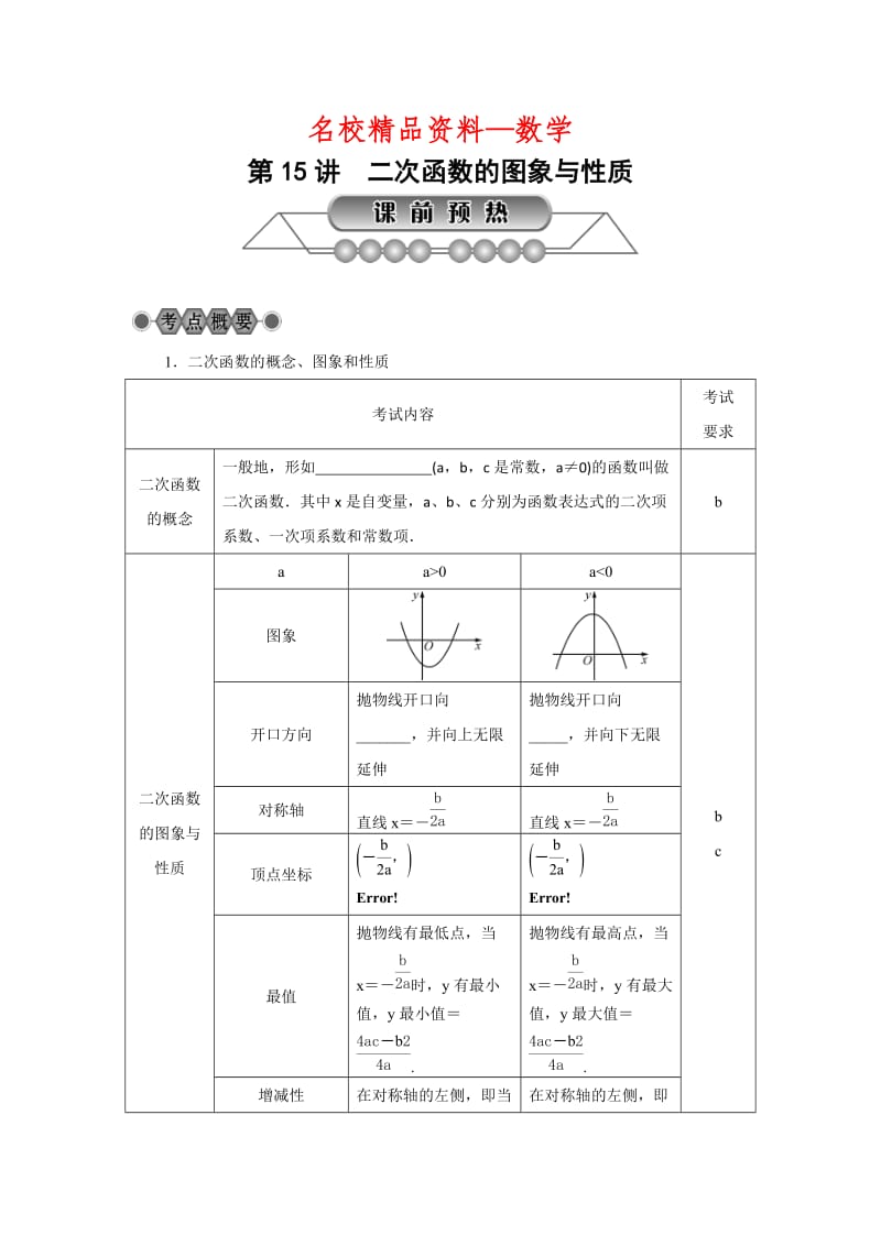 【名校精品】浙江省中考数学：第15讲《二次函数的图象与性质》名师讲练（含答案）.doc_第1页