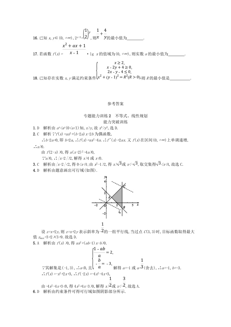 【名校精品】新课标高考数学二轮复习 专题一集合逻辑用语不等式向量复数算法推理 专题能力训练2不等式线性规划理.doc_第3页