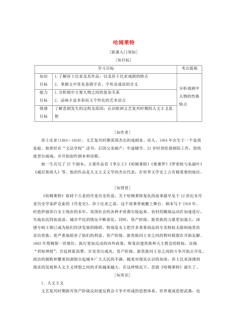 精品高中语文第一单元第三课哈姆莱特教学案人教版必修.doc_第1页