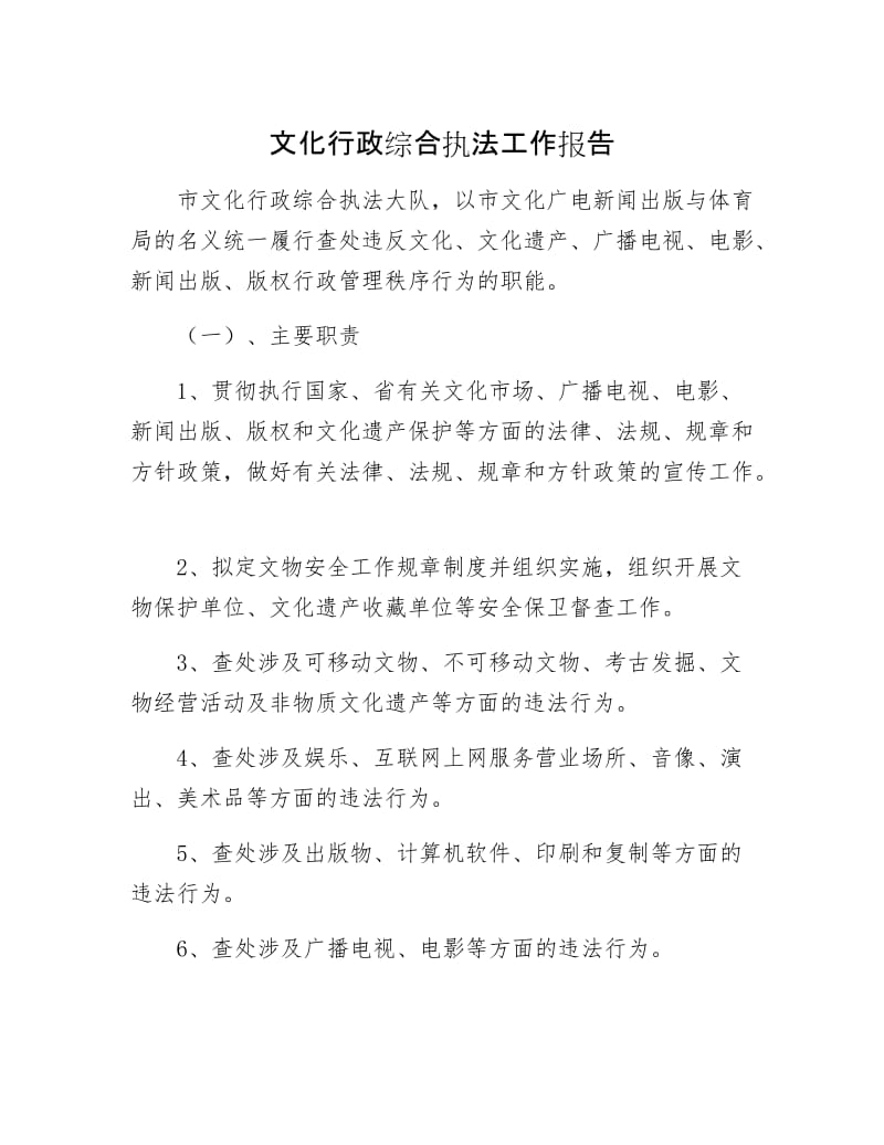 文化行政综合执法工作报告.docx_第1页