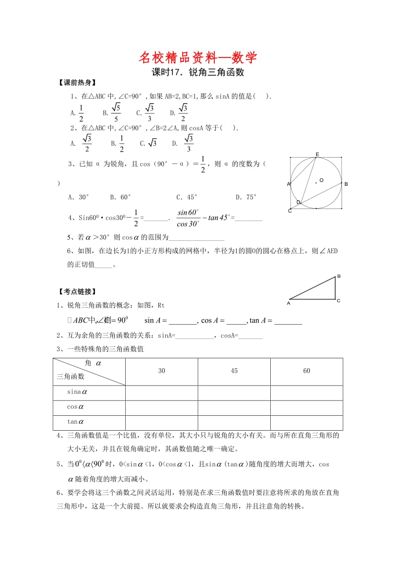 【名校精品】中考数学复习：锐角三角函数.doc_第1页