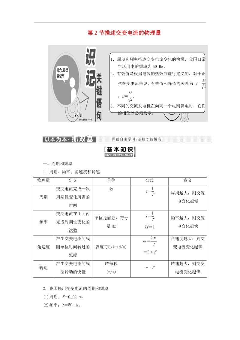 山东省专用2018_2019学年高中物理第五章交变电流第2节描述交变电流的物理量讲义含解析新人教版选修3_2.pdf_第1页