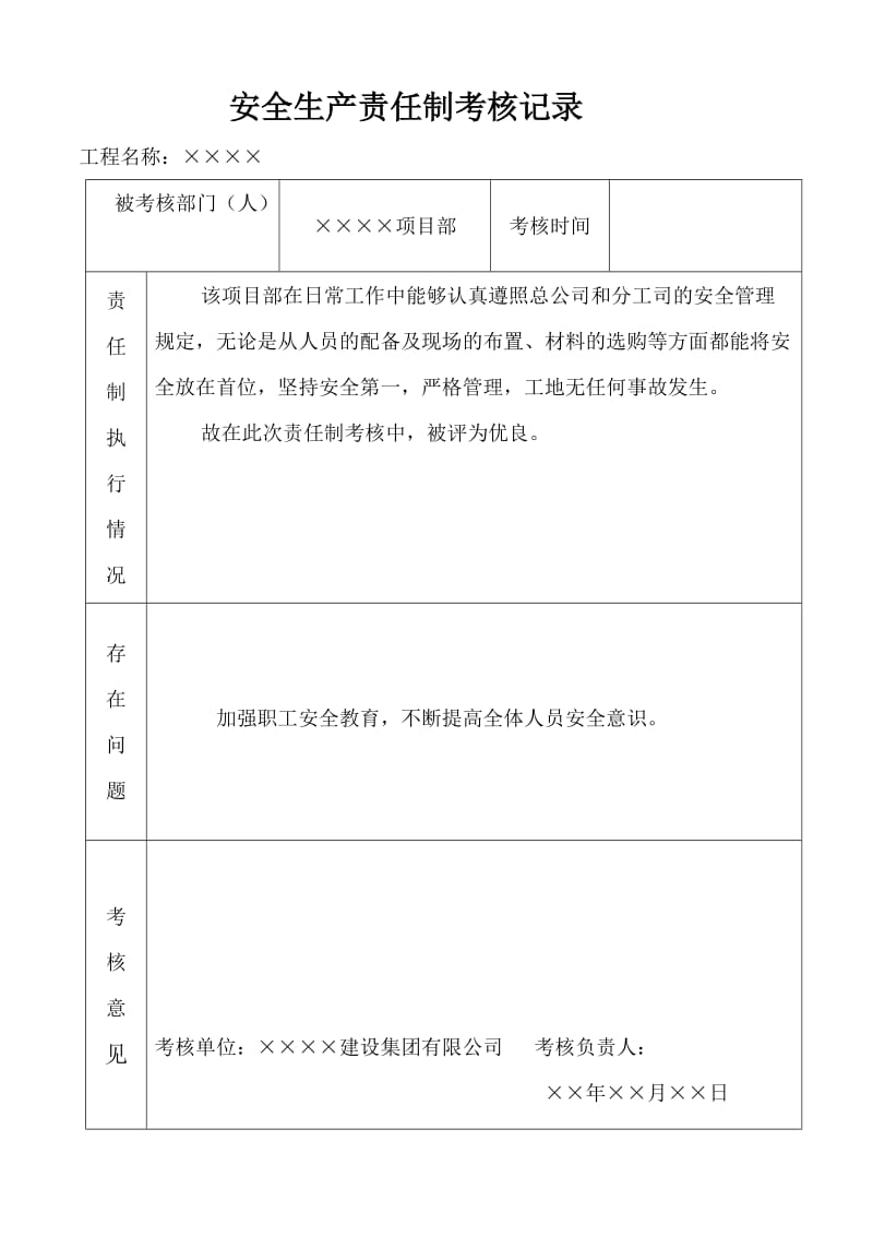 项目部安全生产责任制考核记录.doc_第1页