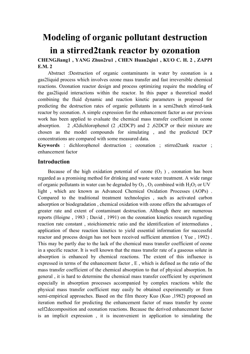 Modeling of organic pollutant destruction in a stirred2tank reactor by ozonation 专业英语论文.docx_第1页