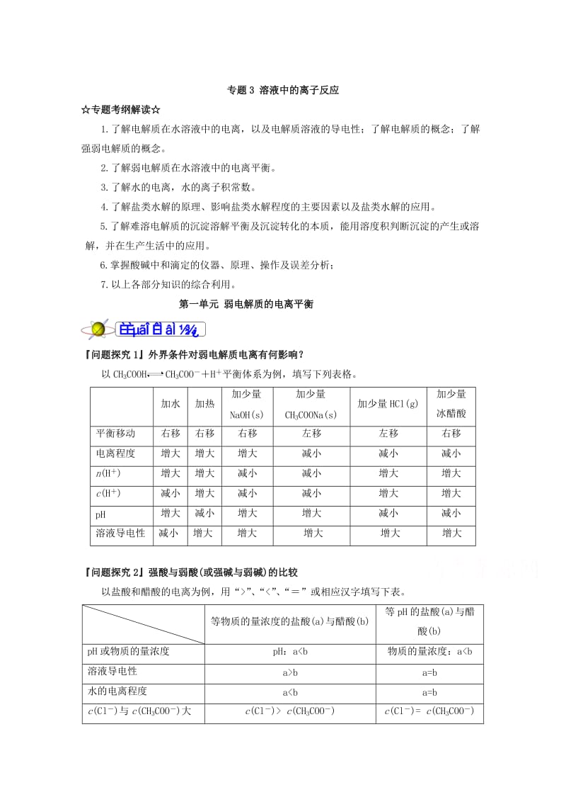 福建省漳州市高二化学苏教版选修4：专题3第1单元《弱电解质的电离平衡》 Word版含答案.doc_第1页