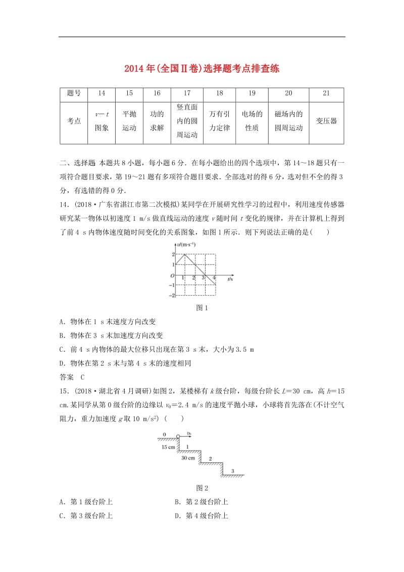 全国通用版2019高考物理总复习优编增分练：选择题考点排查练22014年全国Ⅱ卷选择题考点排查.pdf_第1页