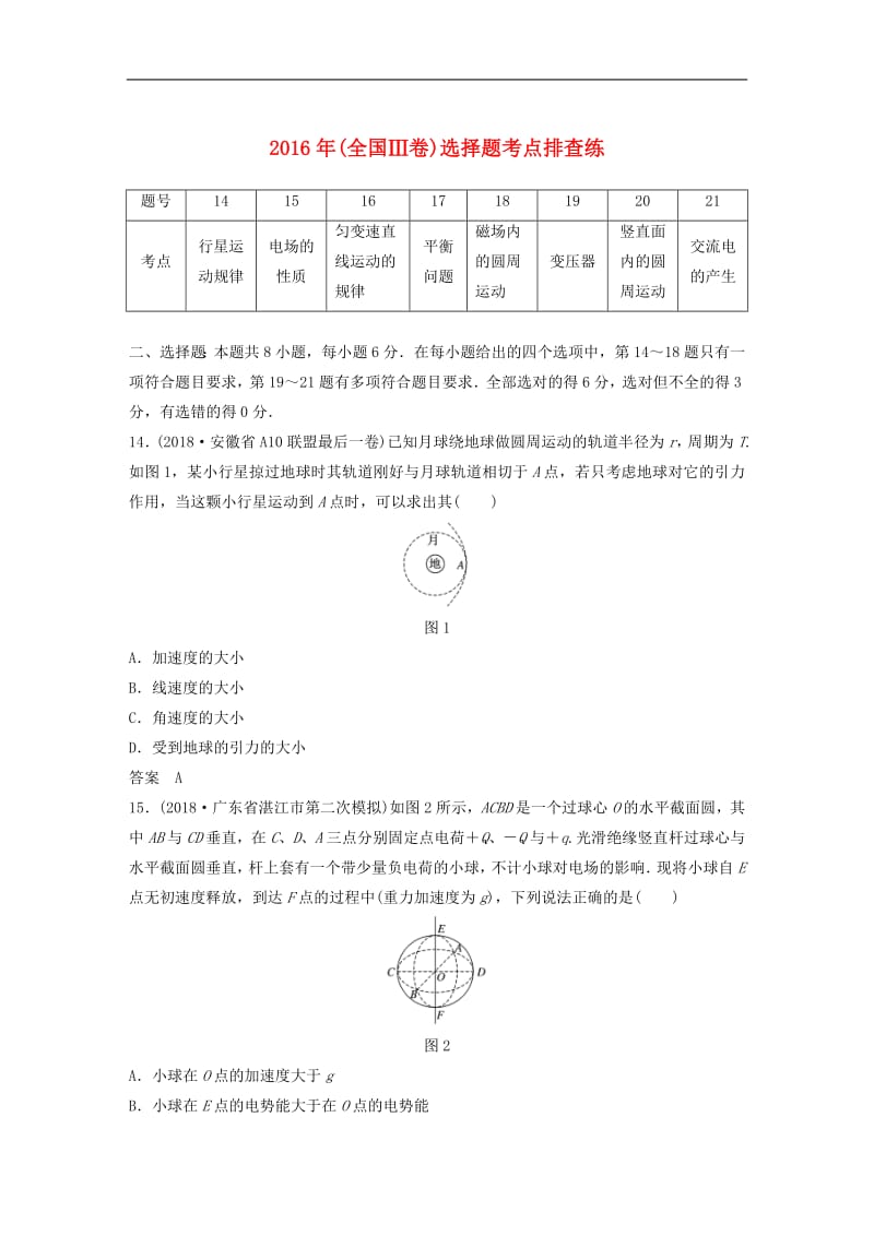 全国通用版2019高考物理总复习优编增分练：选择题考点排查练72016年全国Ⅲ卷选择题考点排查.pdf_第1页