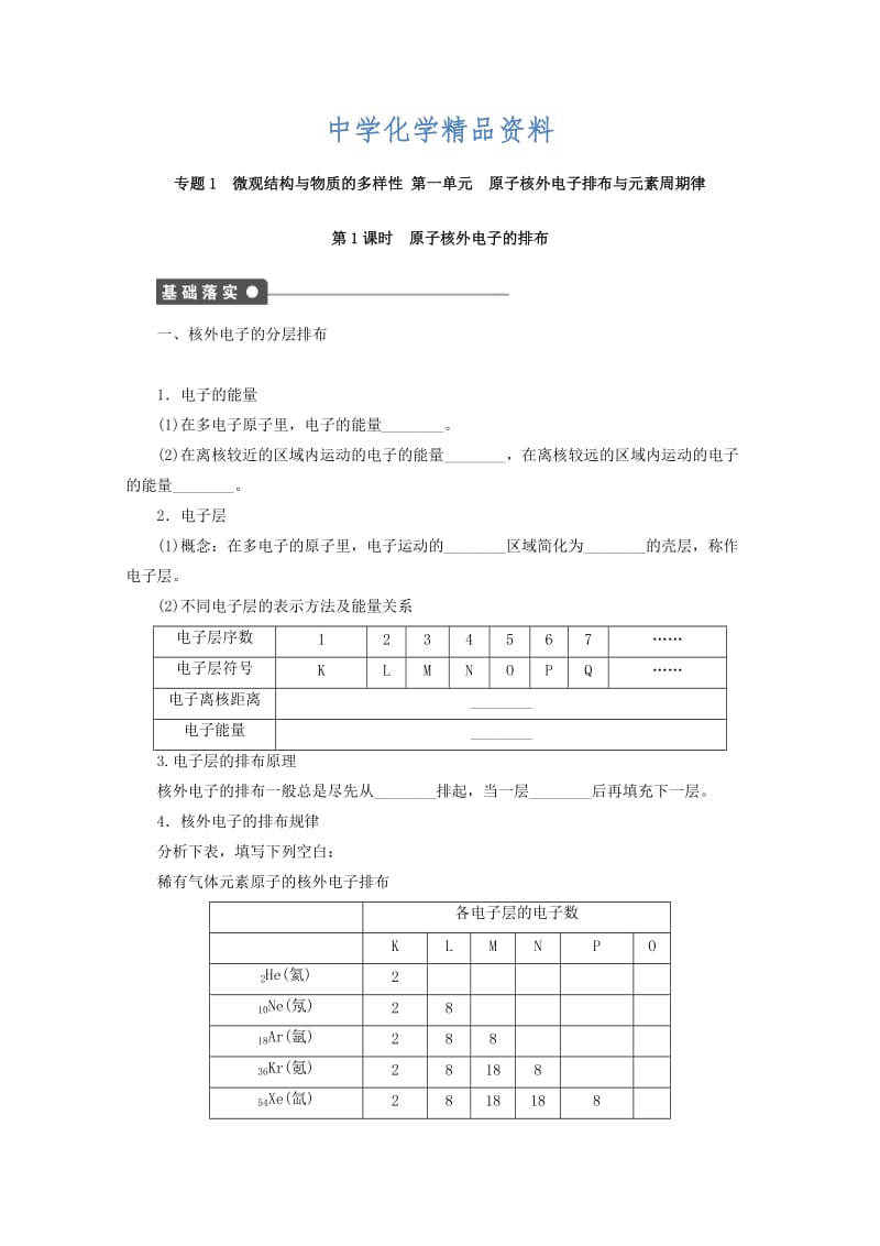 精品高中化学苏教版必修2课时作业：1.1原子核外电子的排布 Word版含答案.doc_第1页