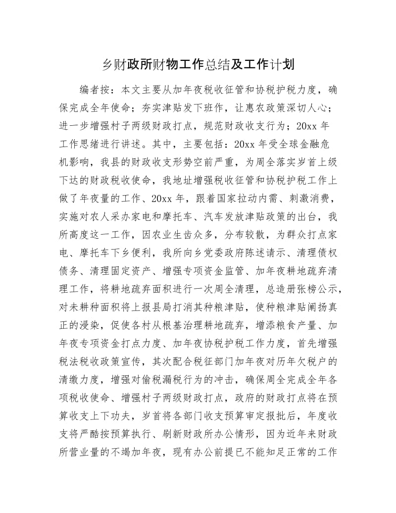 乡财政所财物工作总结及工作计划.docx_第1页