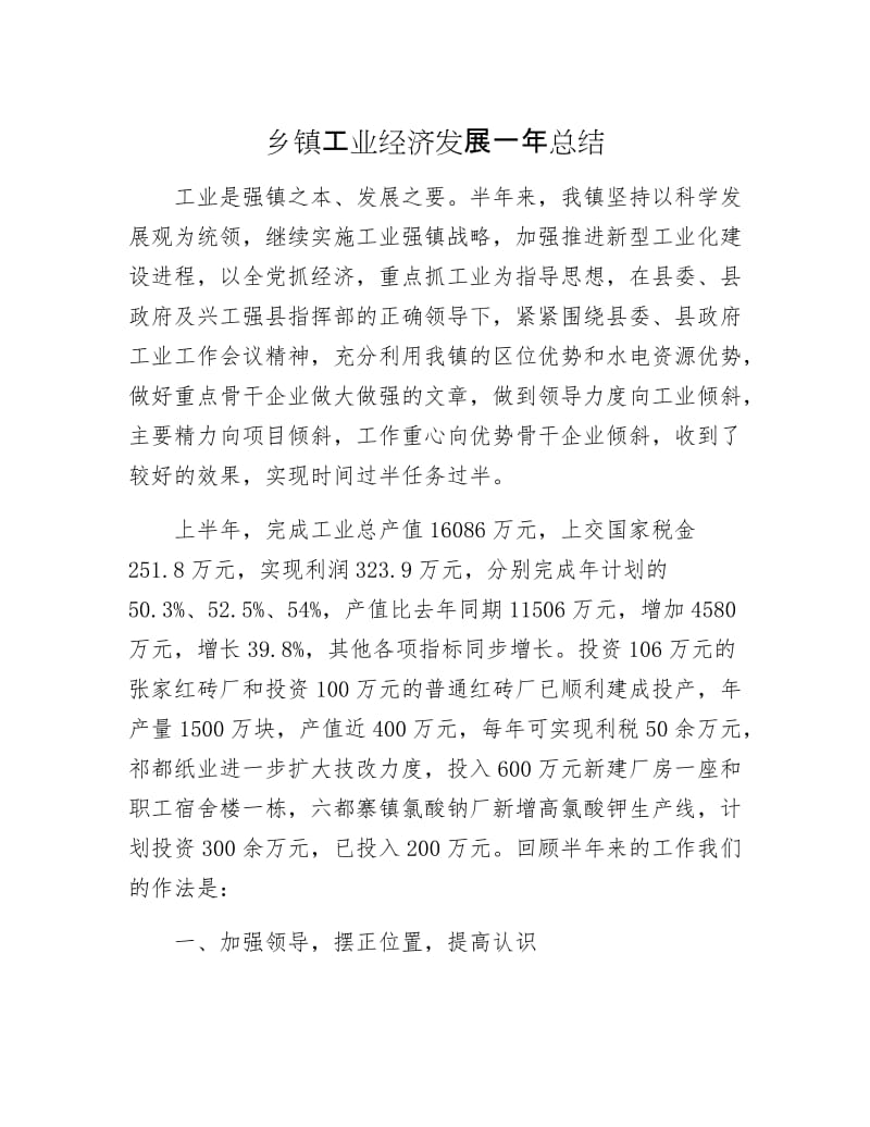 乡镇工业经济发展一年总结.docx_第1页