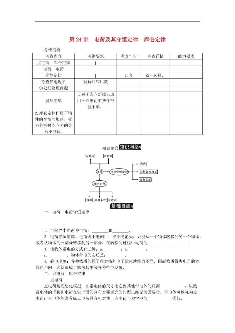 江苏专版2019年高考物理总复习第24讲电荷及其守恒定律库仑定律讲义.doc_第1页