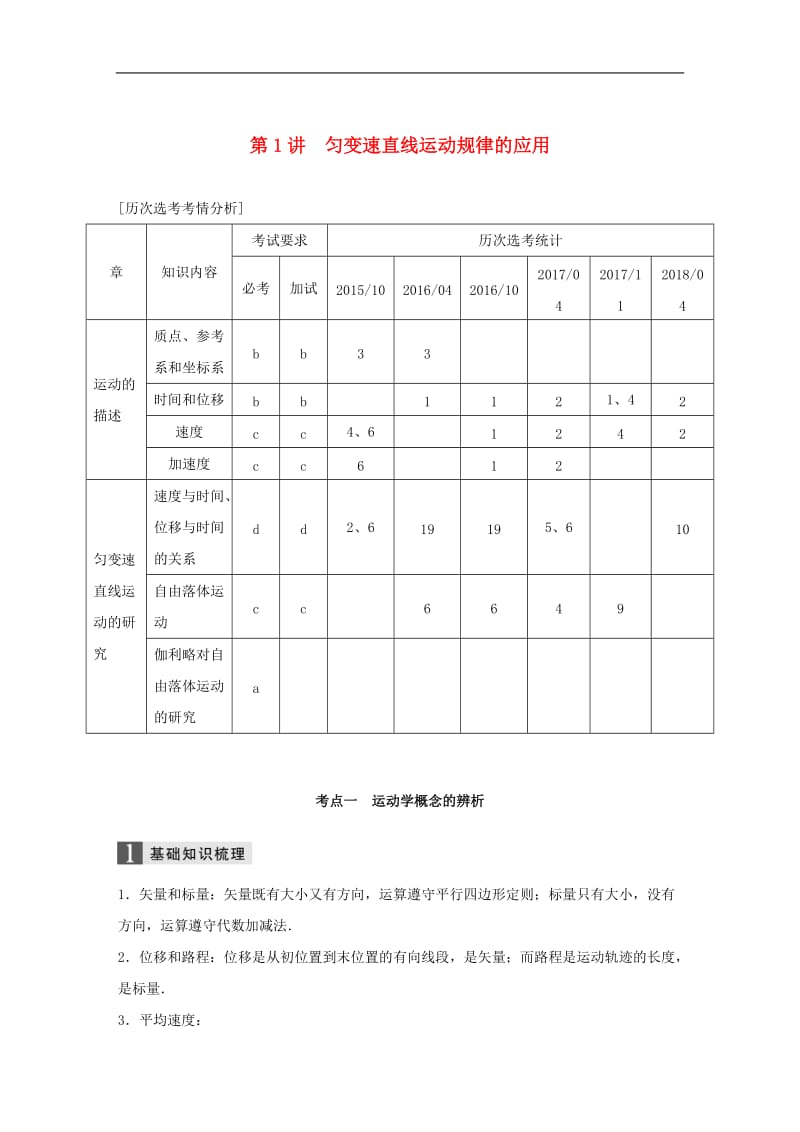 浙江鸭2019高考物理二轮复习专题一力与运动第1讲匀变速直线运动规律的应用学案.doc_第1页