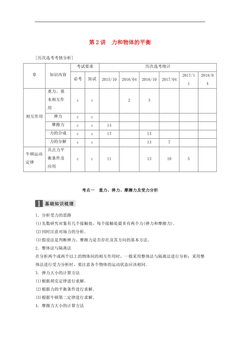 浙江鸭2019高考物理二轮复习专题一力与运动第2讲力和物体的平衡学案.doc_第1页