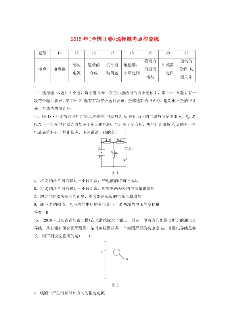 全国通用版2019高考物理总复习优编增分练：选择题考点排查练42015年全国Ⅱ卷选择题考点排查.pdf_第1页