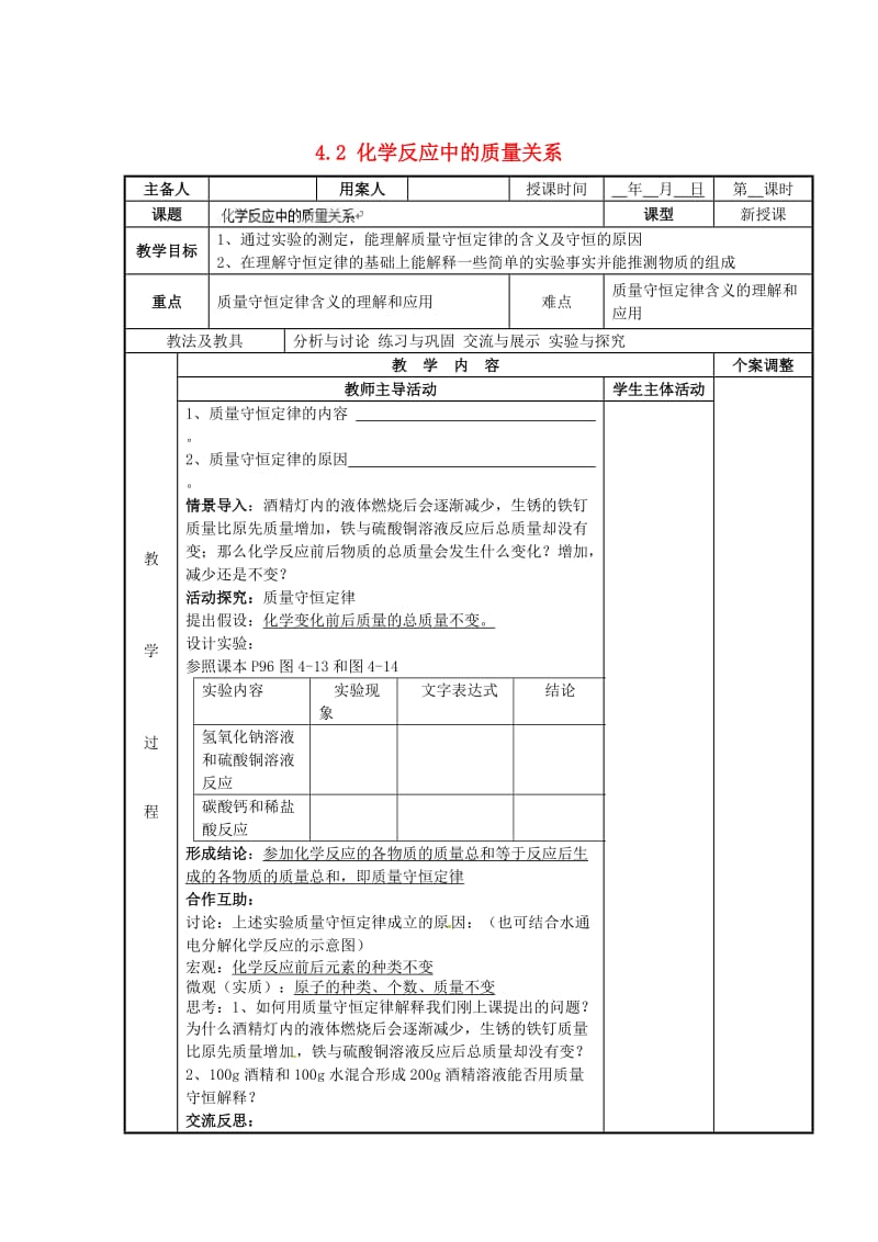 最新 （新沪教版）九年级化学上册：4.2《化学反应中的质量关系》教案.doc_第1页