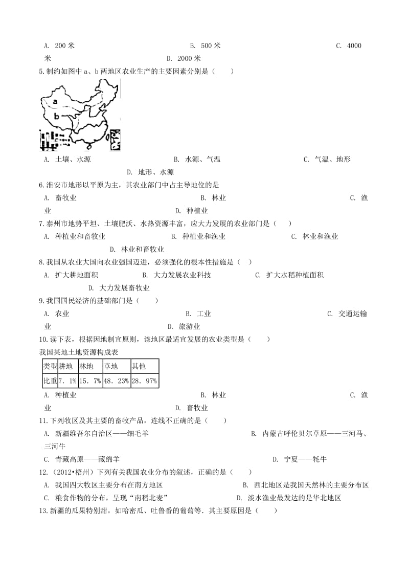 【最新】八年级地理上册4.2农业同步测试人教版.doc_第2页