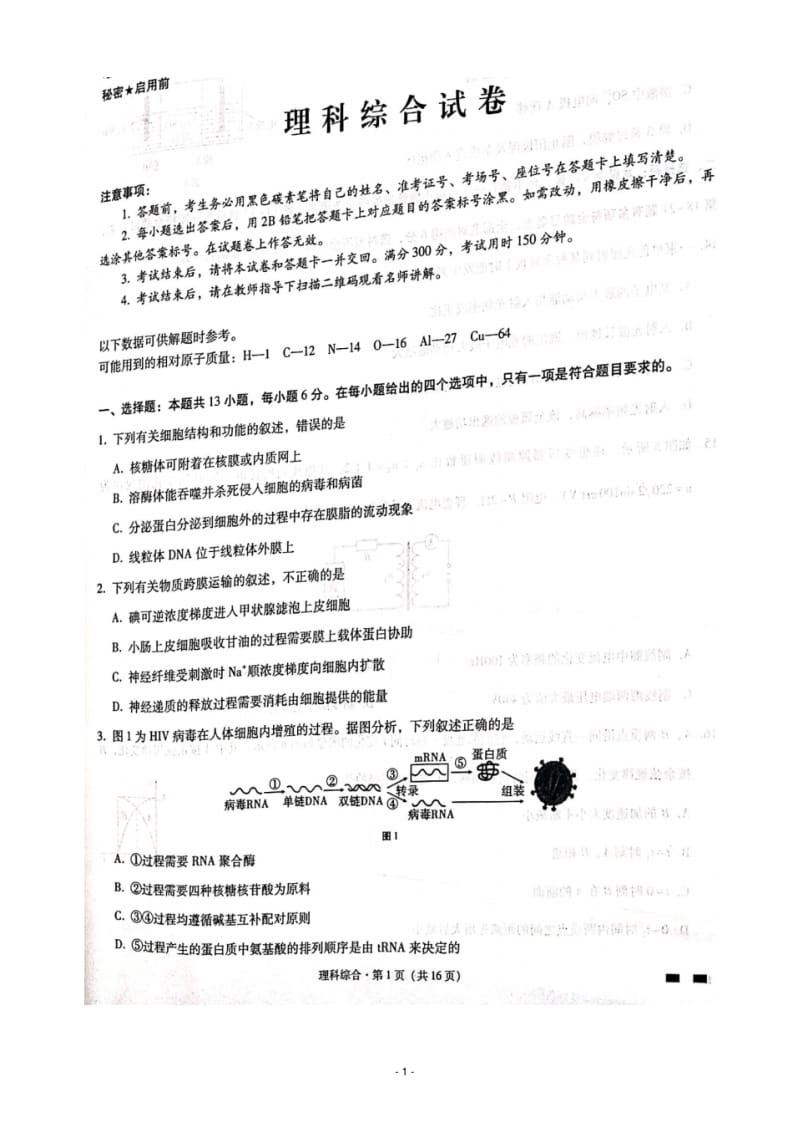 2020届云南省师范大学附属中学高三上学期第二次月考理科综合试题扫描版.pdf_第1页