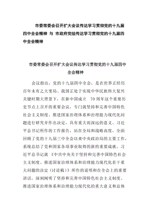 市委常委会召开扩大会议传达学习贯彻党的十九届四中全会精神 与 市政府党组传达学习贯彻党的十九届.docx