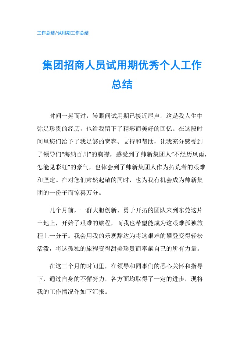 集团招商人员试用期优秀个人工作总结.doc_第1页