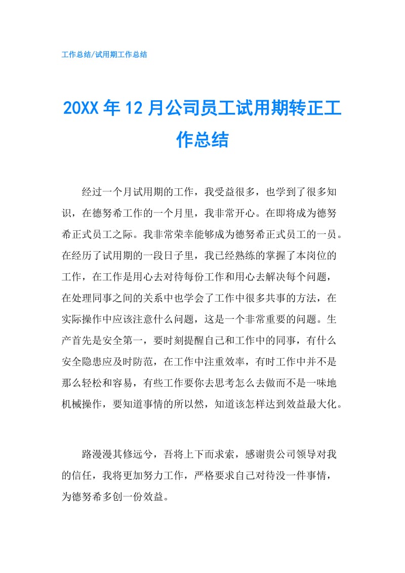 20XX年12月公司员工试用期转正工作总结.doc_第1页