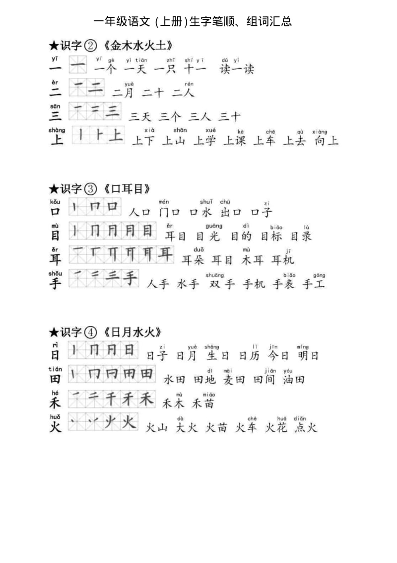 一年级语文(上册)生字笔顺、组词汇总.pdf_第1页