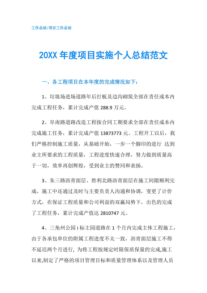 20XX年度项目实施个人总结范文.doc_第1页