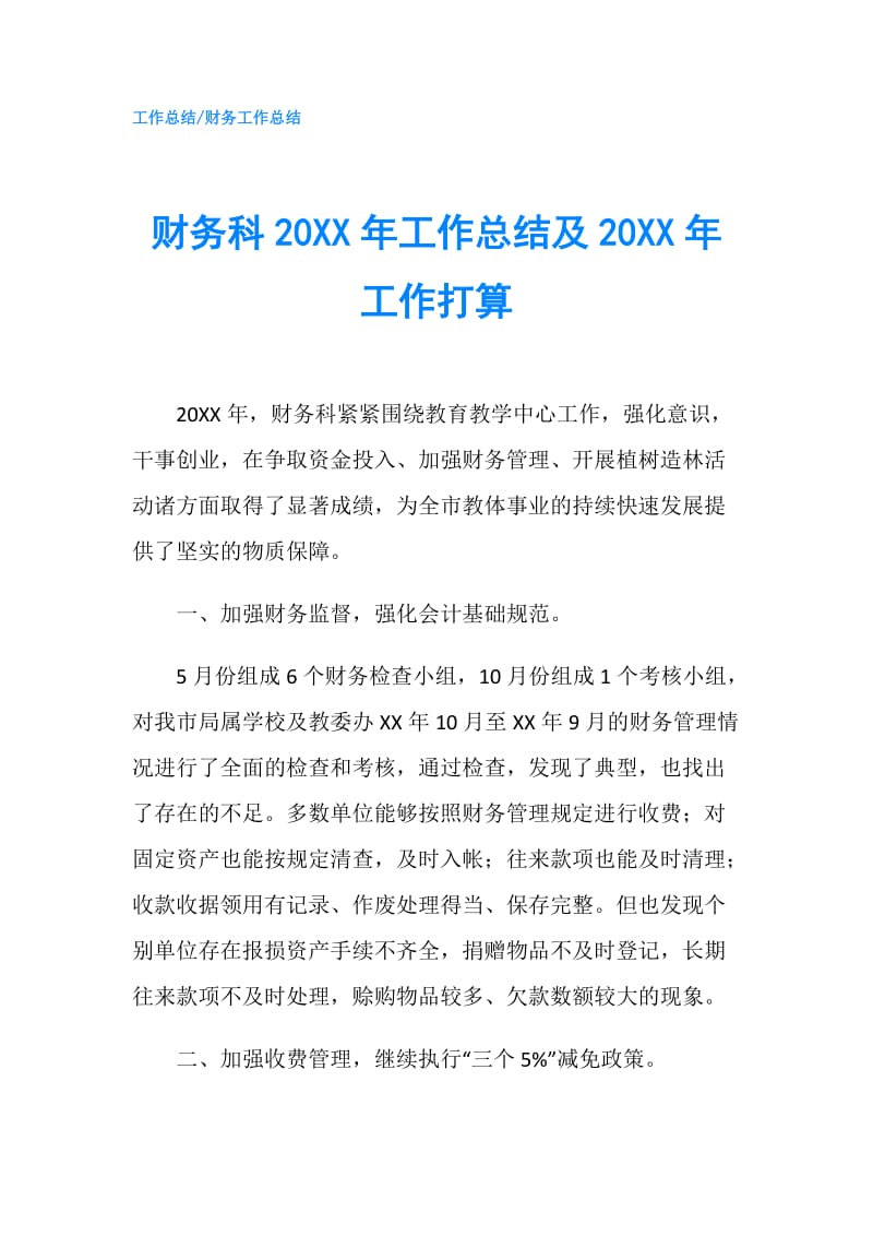 财务科20XX年工作总结及20XX年工作打算.doc_第1页