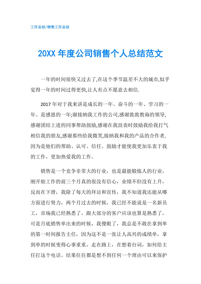 20XX年度公司销售个人总结范文.doc_第1页