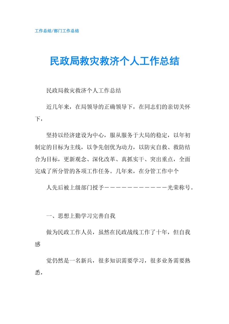 民政局救灾救济个人工作总结.doc_第1页