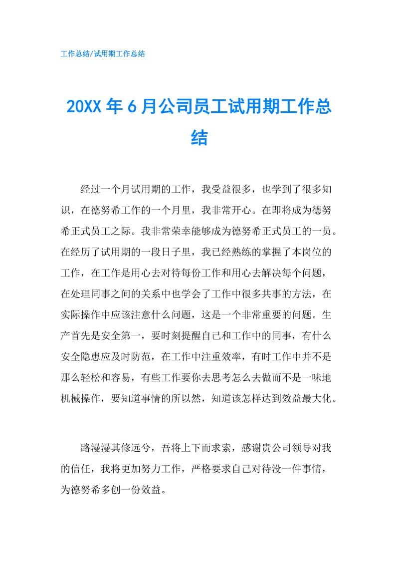 20XX年6月公司员工试用期工作总结.doc_第1页