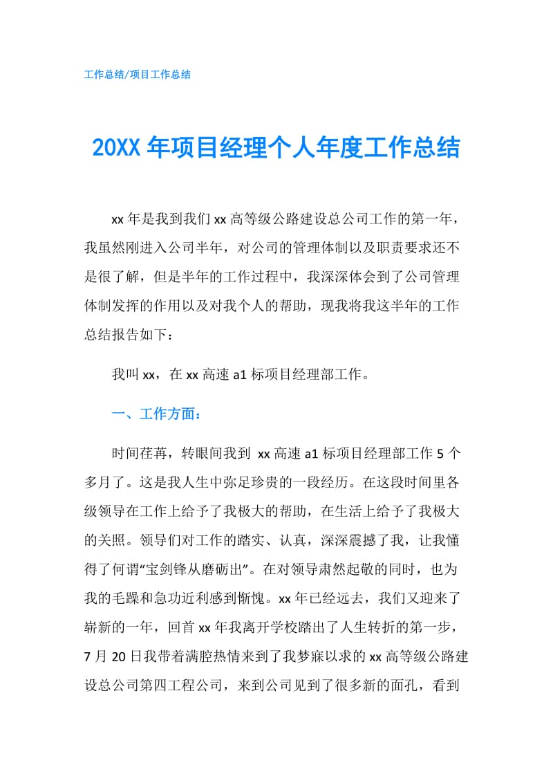 20XX年项目经理个人年度工作总结.doc_第1页