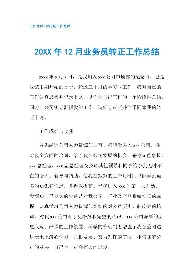 20XX年12月业务员转正工作总结.doc_第1页