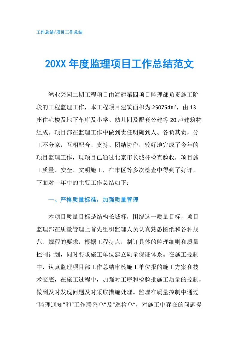 20XX年度监理项目工作总结范文.doc_第1页