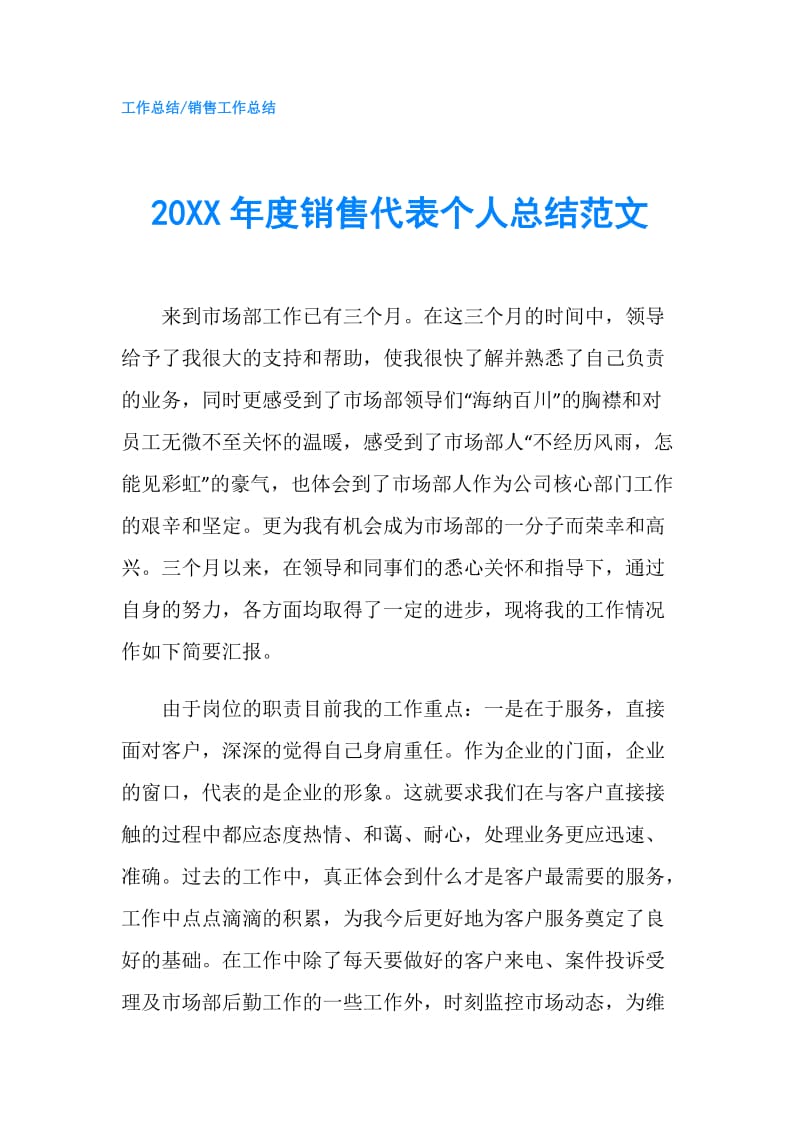 20XX年度销售代表个人总结范文.doc_第1页