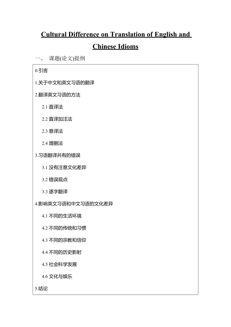 Cultural Difference on Translation of English and Chinese Idioms 英语专业毕业论文.doc_第1页