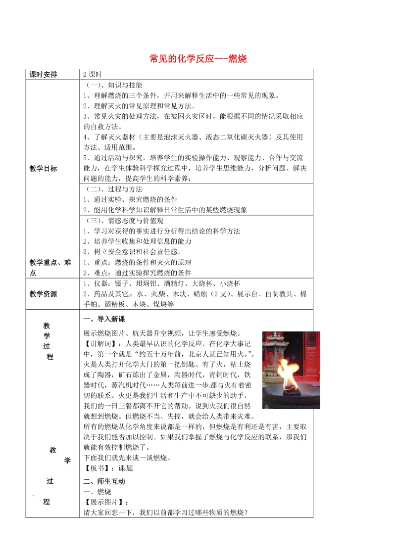 [最新]沪教版九年级化学：4.1《常见的化学反应—燃烧》教案1.doc_第1页