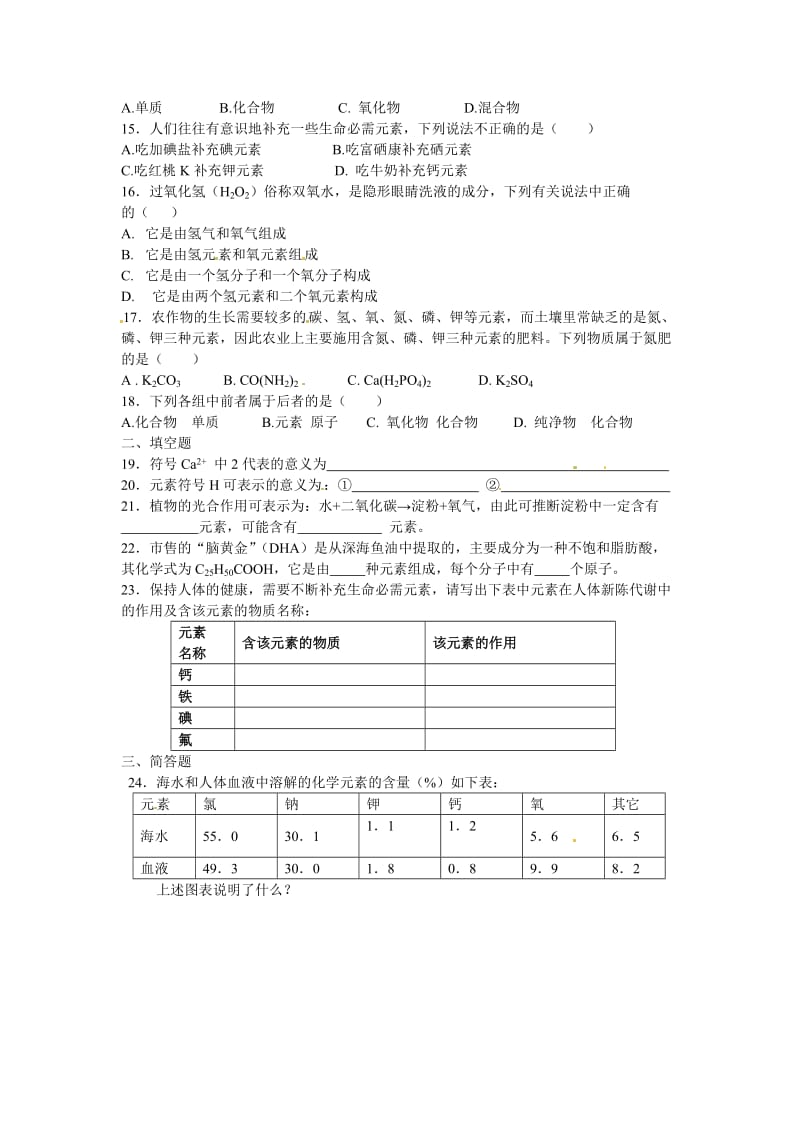 最新 【沪教版】九年级化学第3章《组成物质元素》基础测试（含答案）.doc_第2页