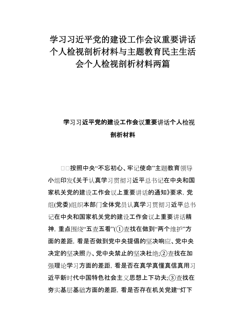 学习习近平党的建设工作会议重要讲话个人检视剖析材料与主题教育民主生活会个人检视剖析材料两篇.docx_第1页