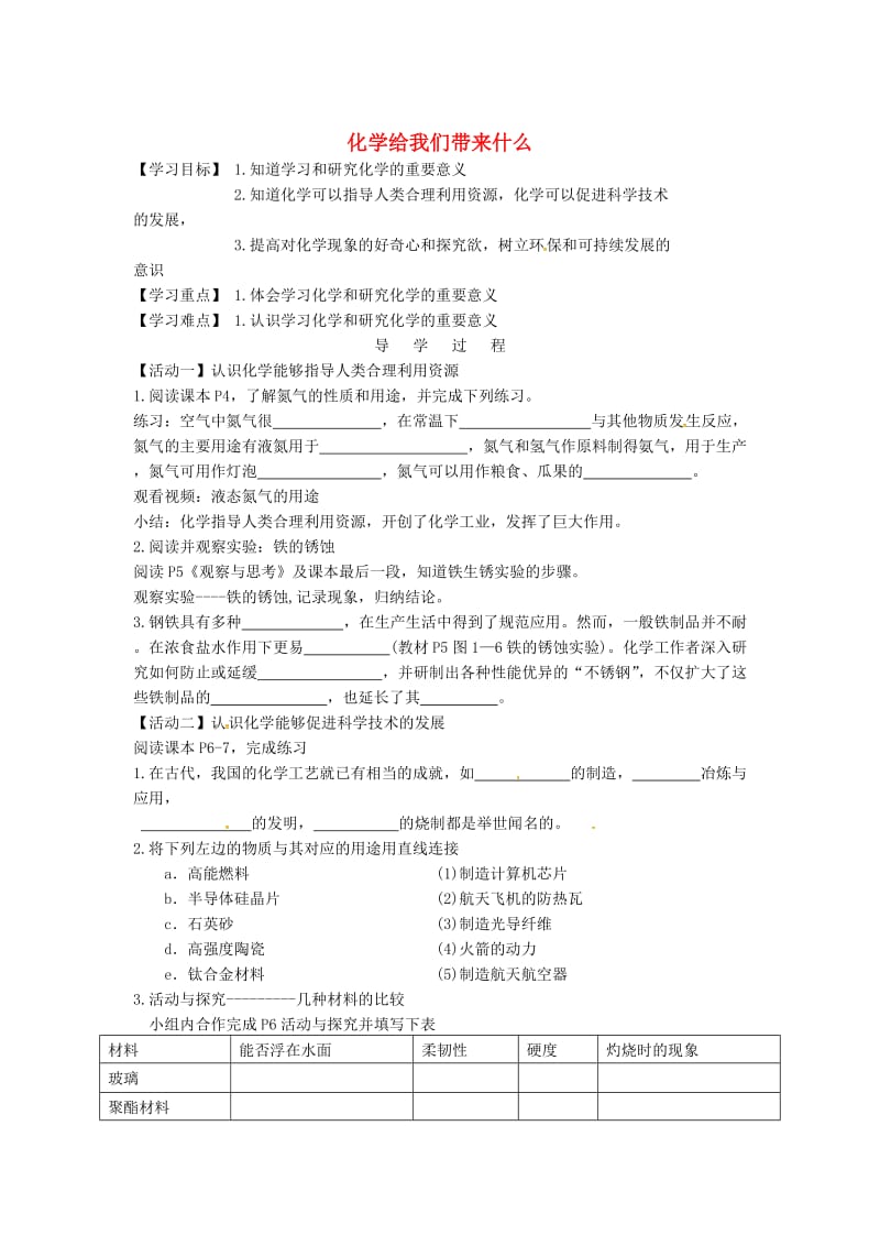 [最新]江苏省铜山区清华中学九年级化学全册 1.1 化学给我们带来什么学案2沪教版.doc_第1页