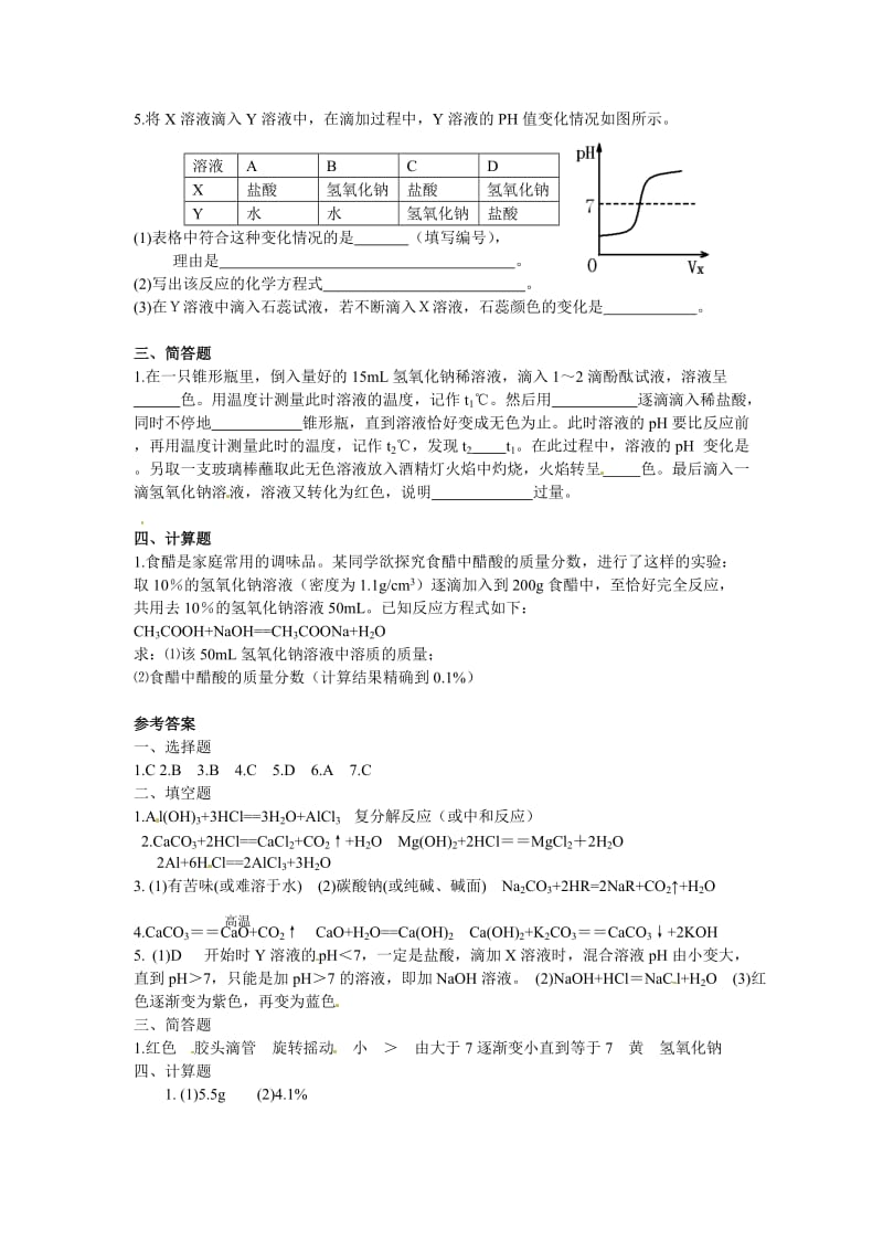 最新 【沪教版】九年级化学第7章《酸和碱反应》同步练习（含答案）.doc_第2页