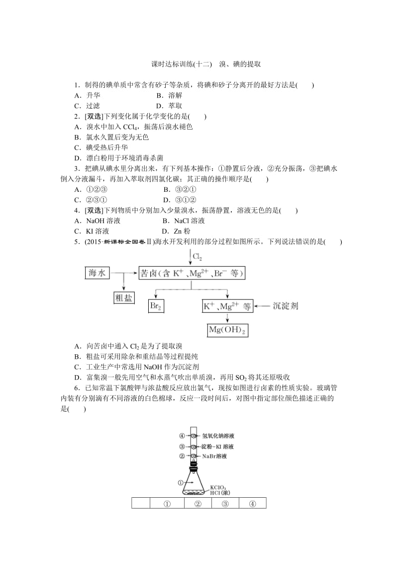 高一化学苏教版必修1：课时跟踪检测（十二）溴、碘的提取 Word版含解析.doc_第1页