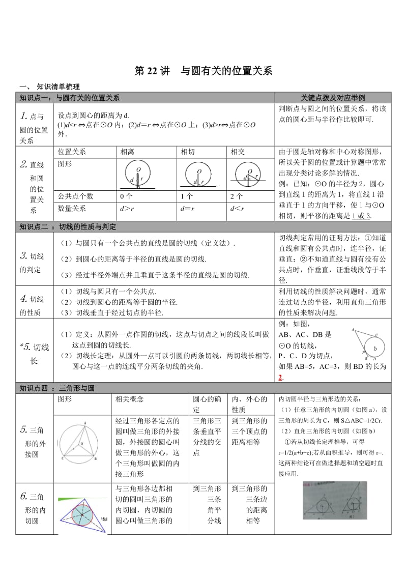 【通用版】中考数学知识点梳理：第22讲-与圆有关的位置关系（Word版）.doc_第1页