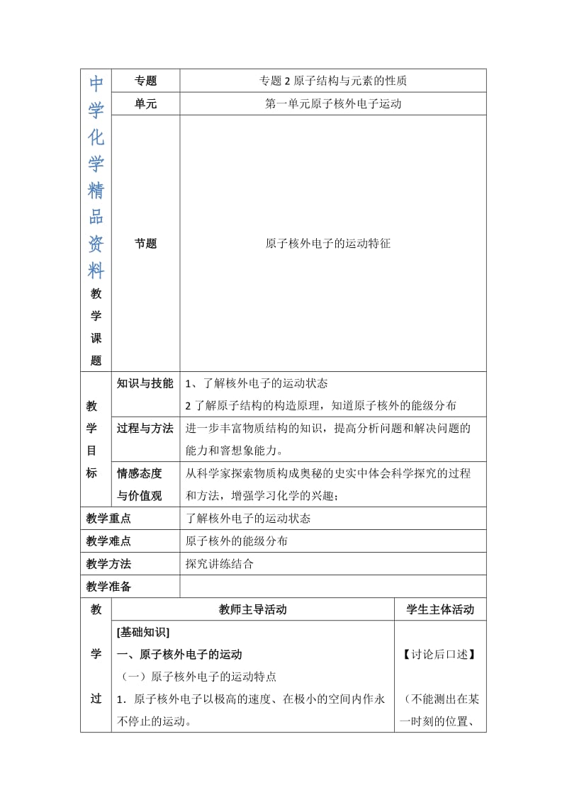 精品苏教版高中化学选修三2.1《原子核外电子的运动特征》参考教案.doc_第1页