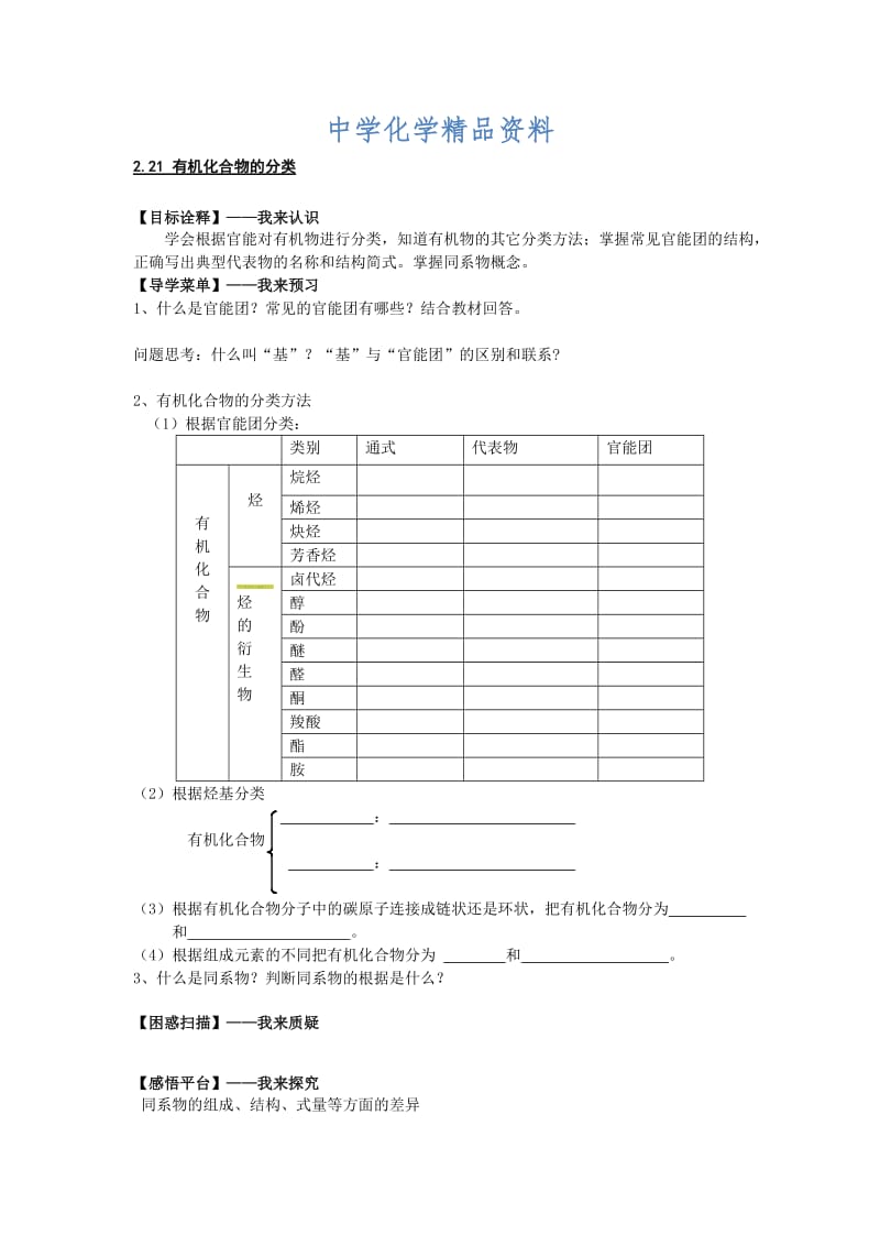 精品江苏省高级中学苏教版高中化学选修5 2.21 有机化合物的分类 Word版含答案.doc_第1页