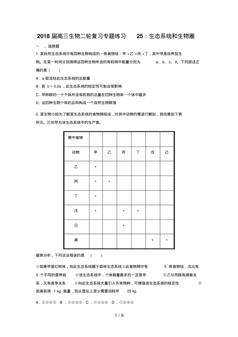 高三生物二轮复习专题练习25：生态系统和生物圈.pdf_第1页