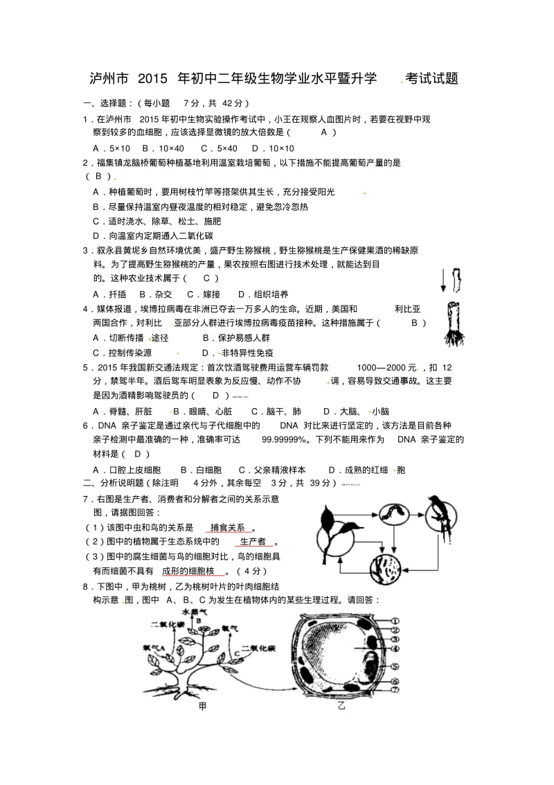 四川省泸州市2015年初中学业考试生物试题(word版,含答案)(1).pdf_第1页