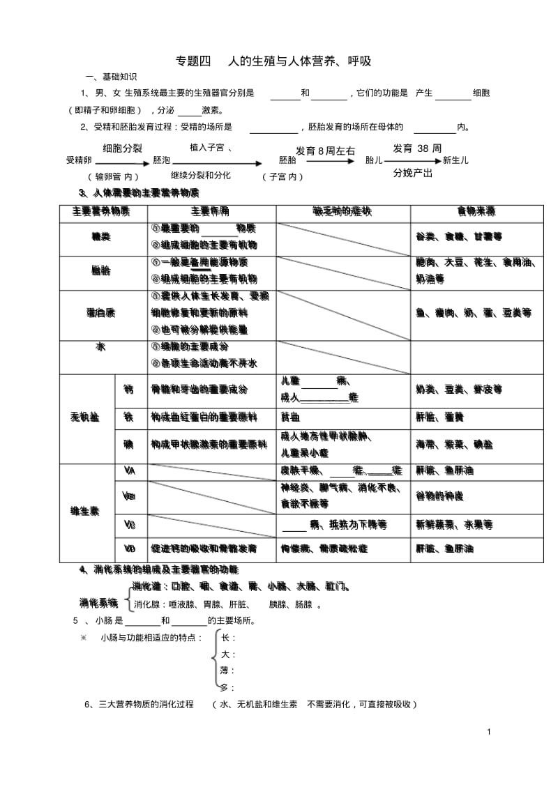 七年级生物《专题四人的生殖与人体营养、呼吸》学案.pdf_第1页