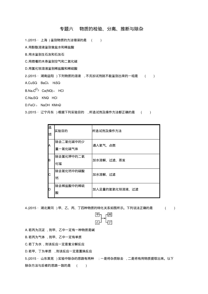 2016届中考化学二轮复习专题6物质的检验、分离、推断与除杂训练.pdf_第1页