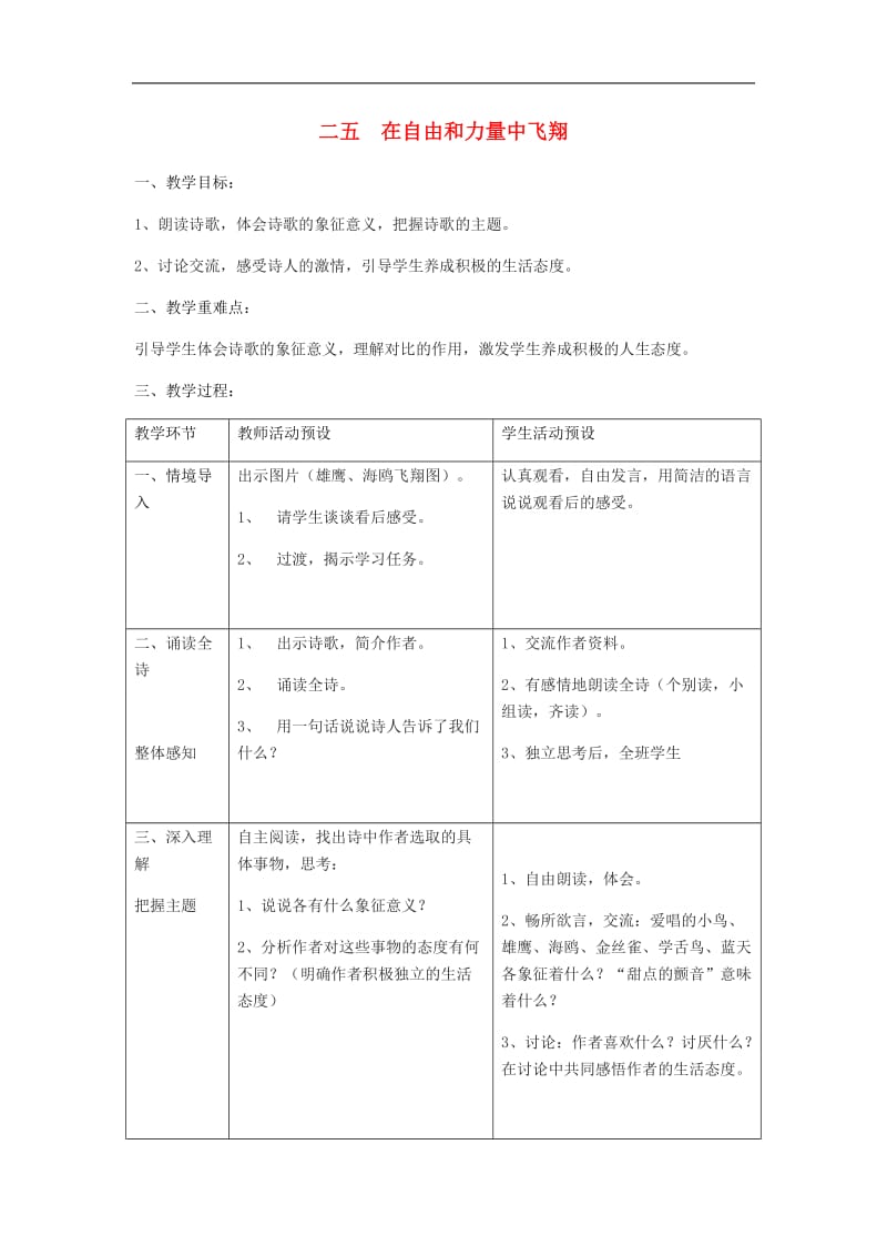 2018七年级语文上册第六单元少年诗情第25课在自由和力量中飞翔教案2沪教版五四制2.docx_第1页